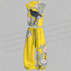 Vintage Bird in Flowers Tank top  & Elasticated Trousers Two-Piece Set