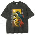 Unisex Japanese Mid Century Art Birds Printed Washed Tee