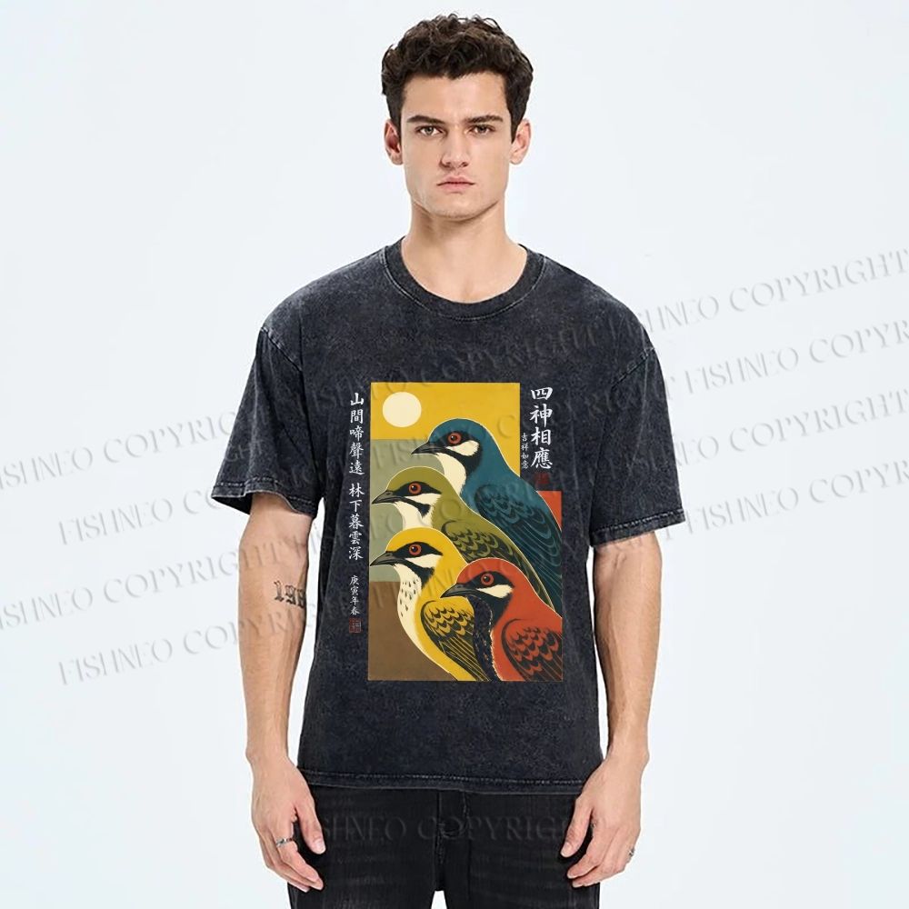 Unisex Japanese Mid Century Art Birds Printed Washed Tee