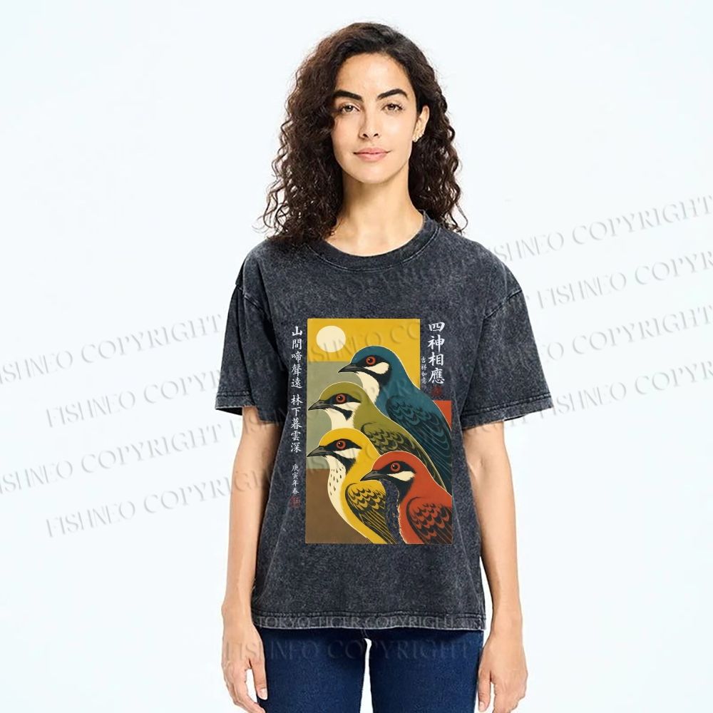 Unisex Japanese Mid Century Art Birds Printed Washed Tee