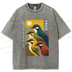 Unisex Japanese Mid Century Art Birds Printed Washed Tee