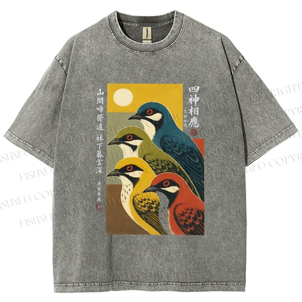 Unisex Japanese Mid Century Art Birds Printed Washed Tee