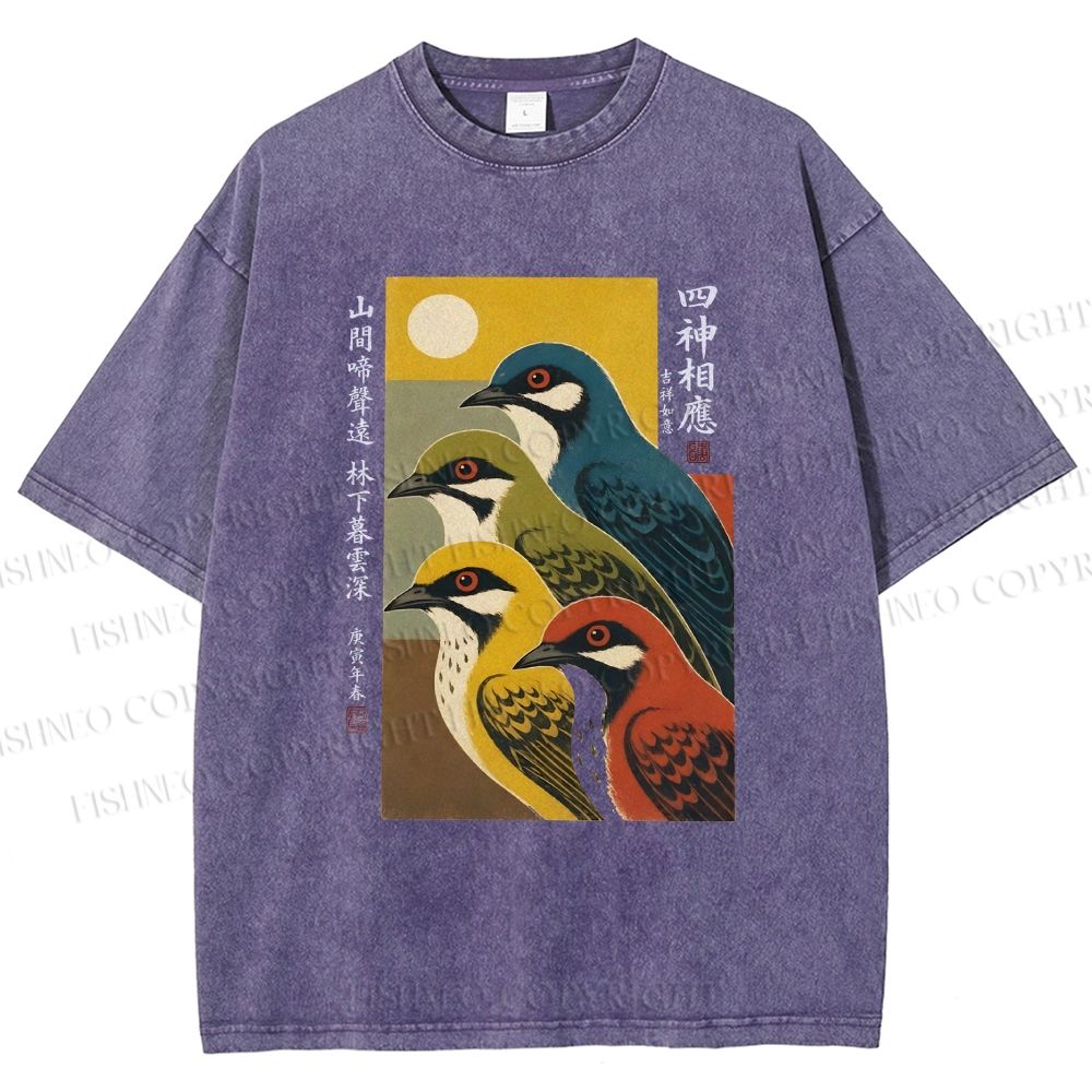 Unisex Japanese Mid Century Art Birds Printed Washed Tee
