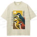 Unisex Japanese Mid Century Art Birds Printed Washed Tee