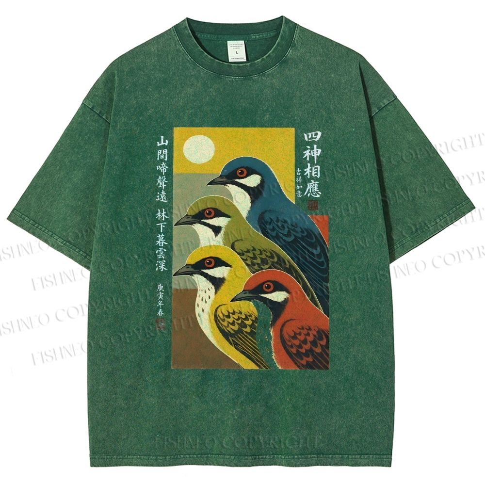 Unisex Japanese Mid Century Art Birds Printed Washed Tee
