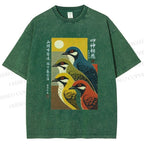Unisex Japanese Mid Century Art Birds Printed Washed Tee