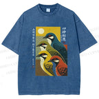 Unisex Japanese Mid Century Art Birds Printed Washed Tee