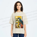Unisex Japanese Mid Century Art Birds Printed Washed Tee