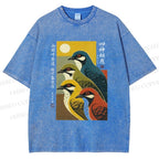 Unisex Japanese Mid Century Art Birds Printed Washed Tee