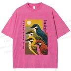 Unisex Japanese Mid Century Art Birds Printed Washed Tee