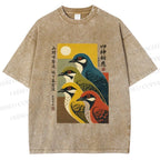 Unisex Japanese Mid Century Art Birds Printed Washed Tee