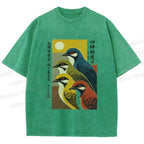 Unisex Japanese Mid Century Art Birds Printed Washed Tee
