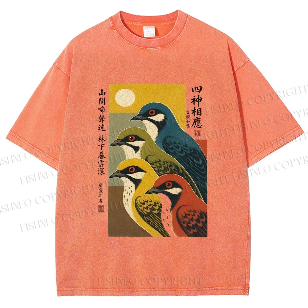 Unisex Japanese Mid Century Art Birds Printed Washed Tee