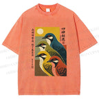 Unisex Japanese Mid Century Art Birds Printed Washed Tee
