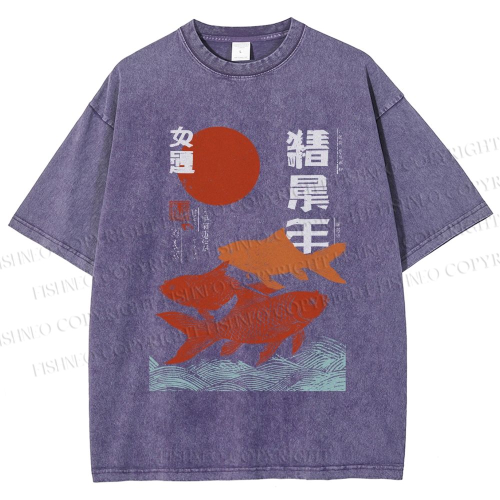 Unisex Japanese Koi Printed Washed Tee
