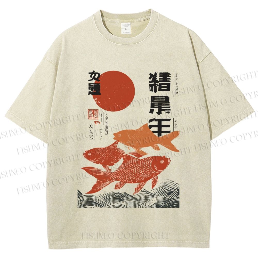 Unisex Japanese Koi Printed Washed Tee