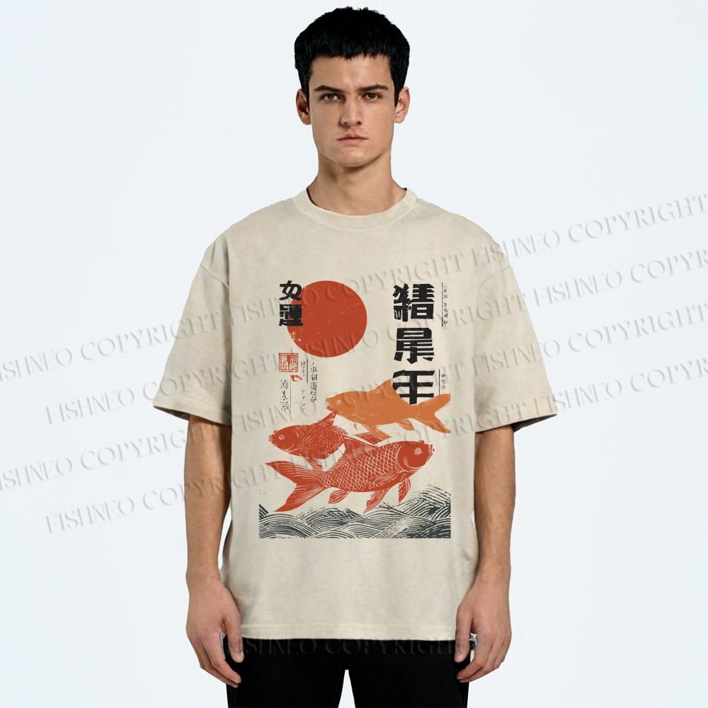 Unisex Japanese Koi Printed Washed Tee