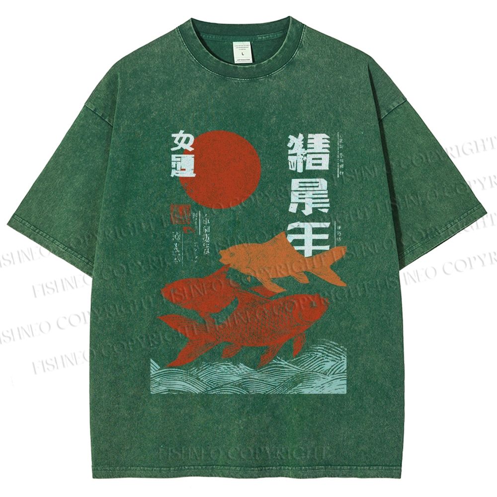 Unisex Japanese Koi Printed Washed Tee