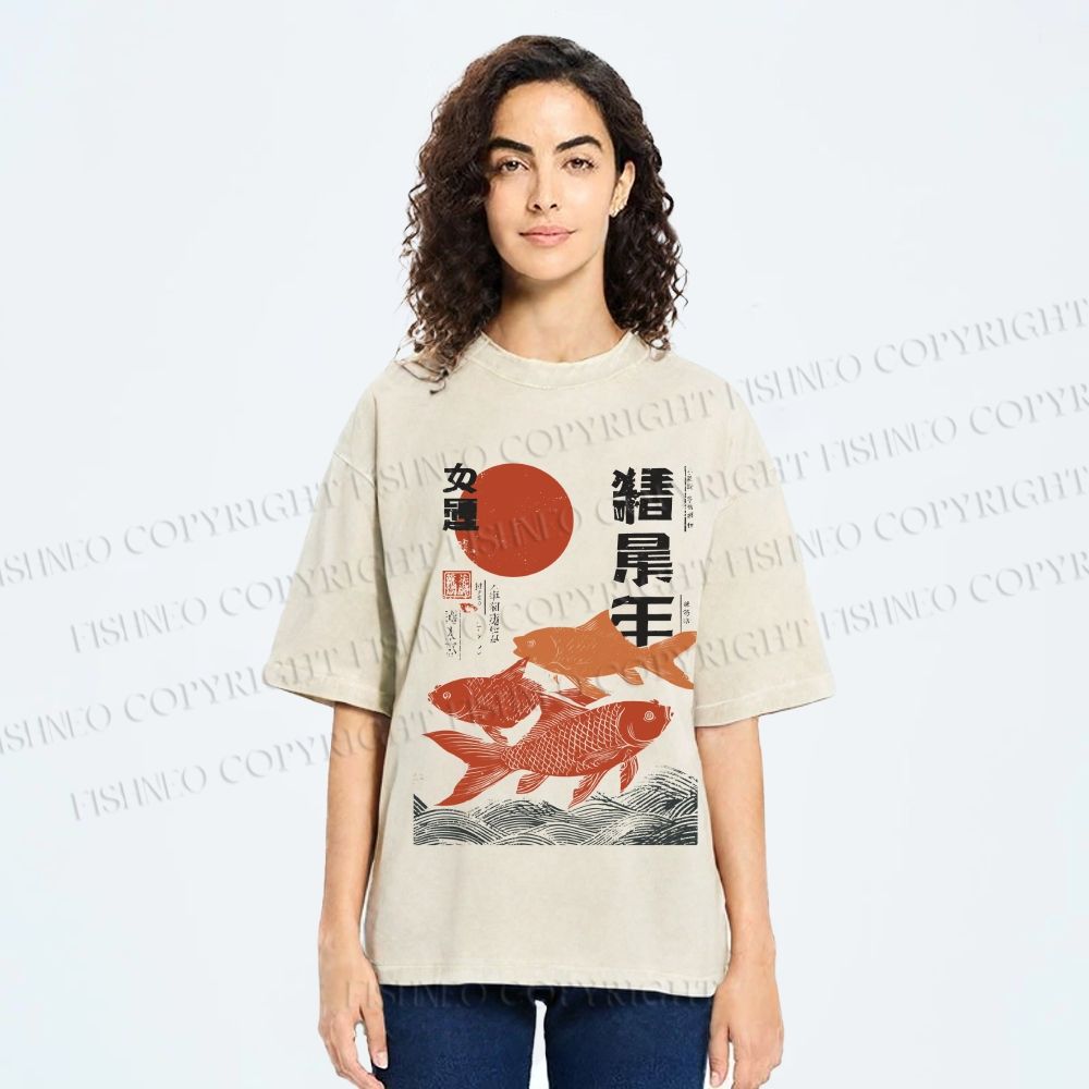 Unisex Japanese Koi Printed Washed Tee