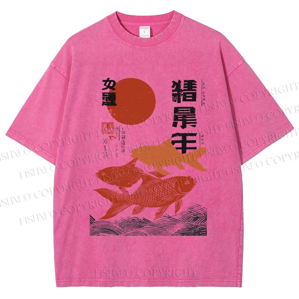 Unisex Japanese Koi Printed Washed Tee
