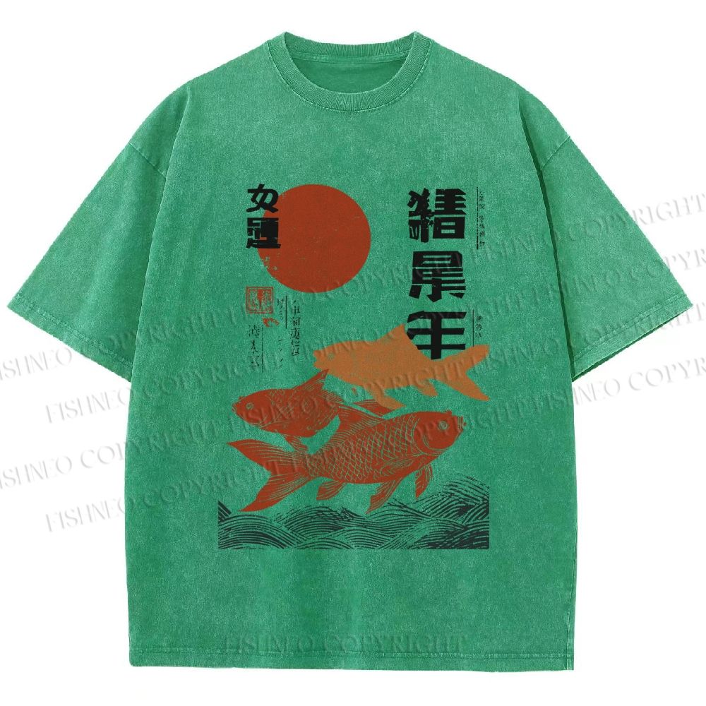 Unisex Japanese Koi Printed Washed Tee