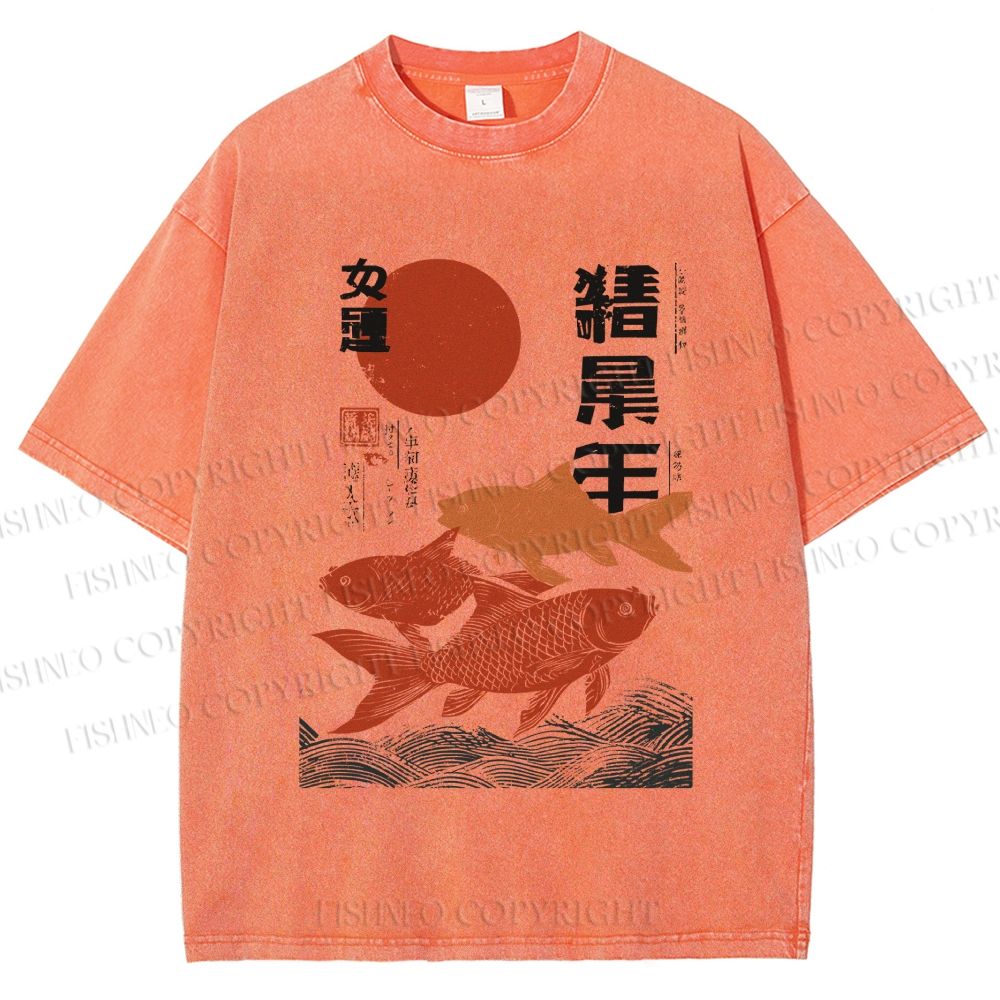 Unisex Japanese Koi Printed Washed Tee