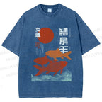Unisex Japanese Koi Printed Washed Tee