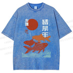 Unisex Japanese Koi Printed Washed Tee