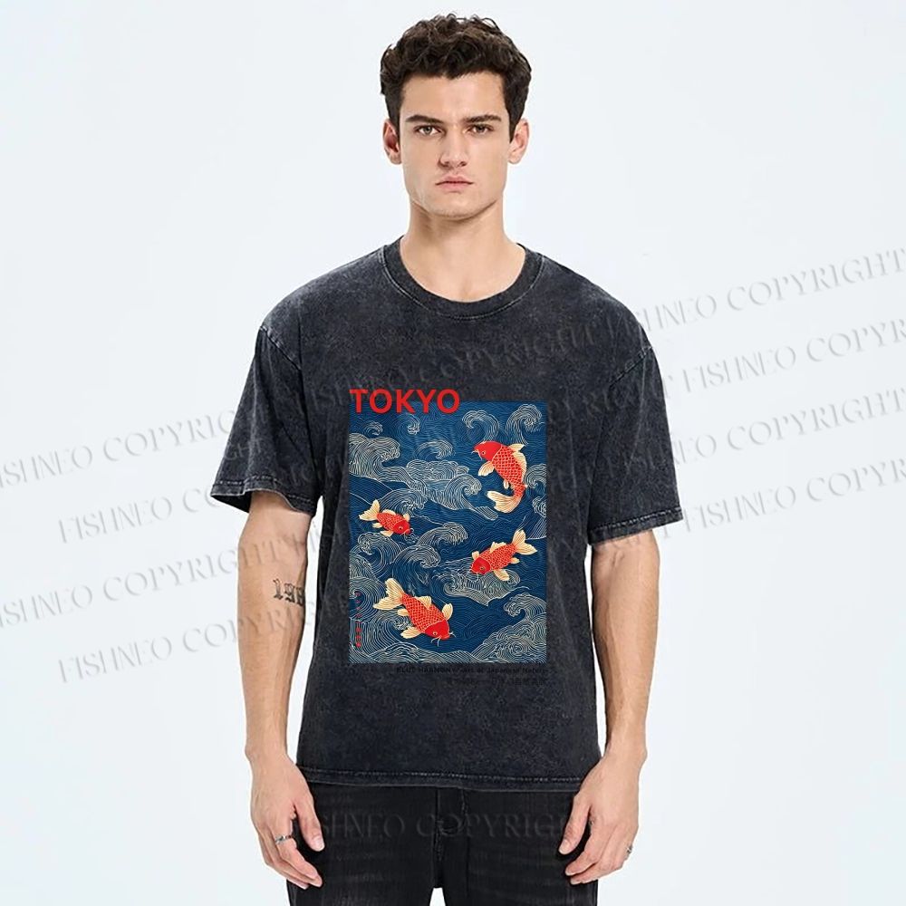 Unisex Tokyo Koi Printed Washed Tee