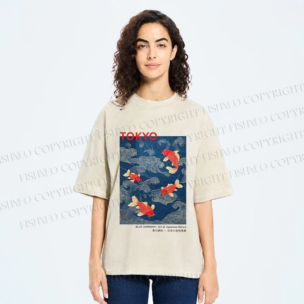Unisex Tokyo Koi Printed Washed Tee