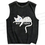 Unisex Not Today Cat Printed Washed Tank Top