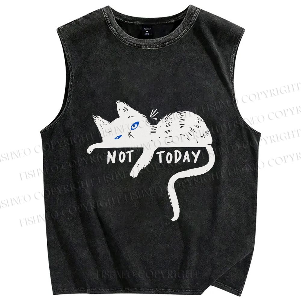 Unisex Not Today Cat Printed Washed Tank Top