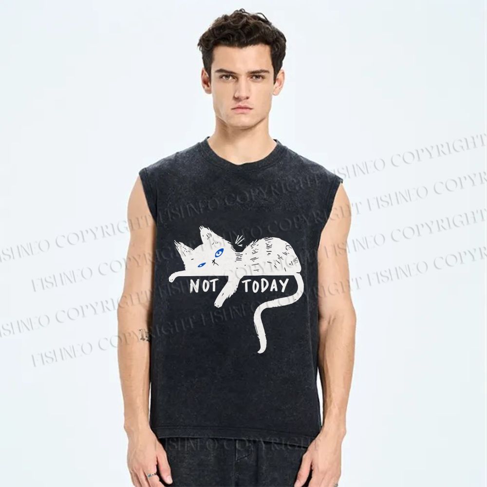 Unisex Not Today Cat Printed Washed Tank Top