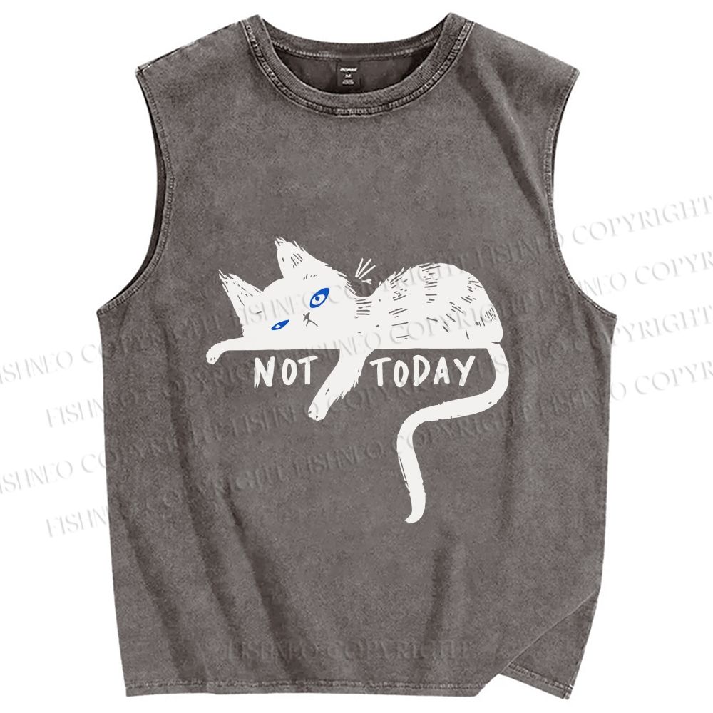 Unisex Not Today Cat Printed Washed Tank Top