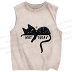 Unisex Not Today Cat Printed Washed Tank Top