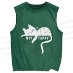 Unisex Not Today Cat Printed Washed Tank Top