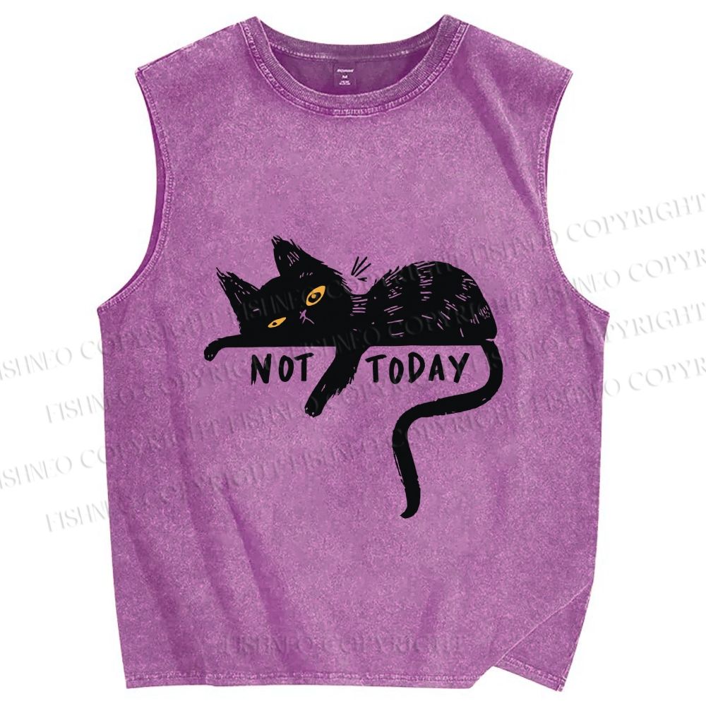 Unisex Not Today Cat Printed Washed Tank Top
