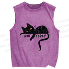 Unisex Not Today Cat Printed Washed Tank Top
