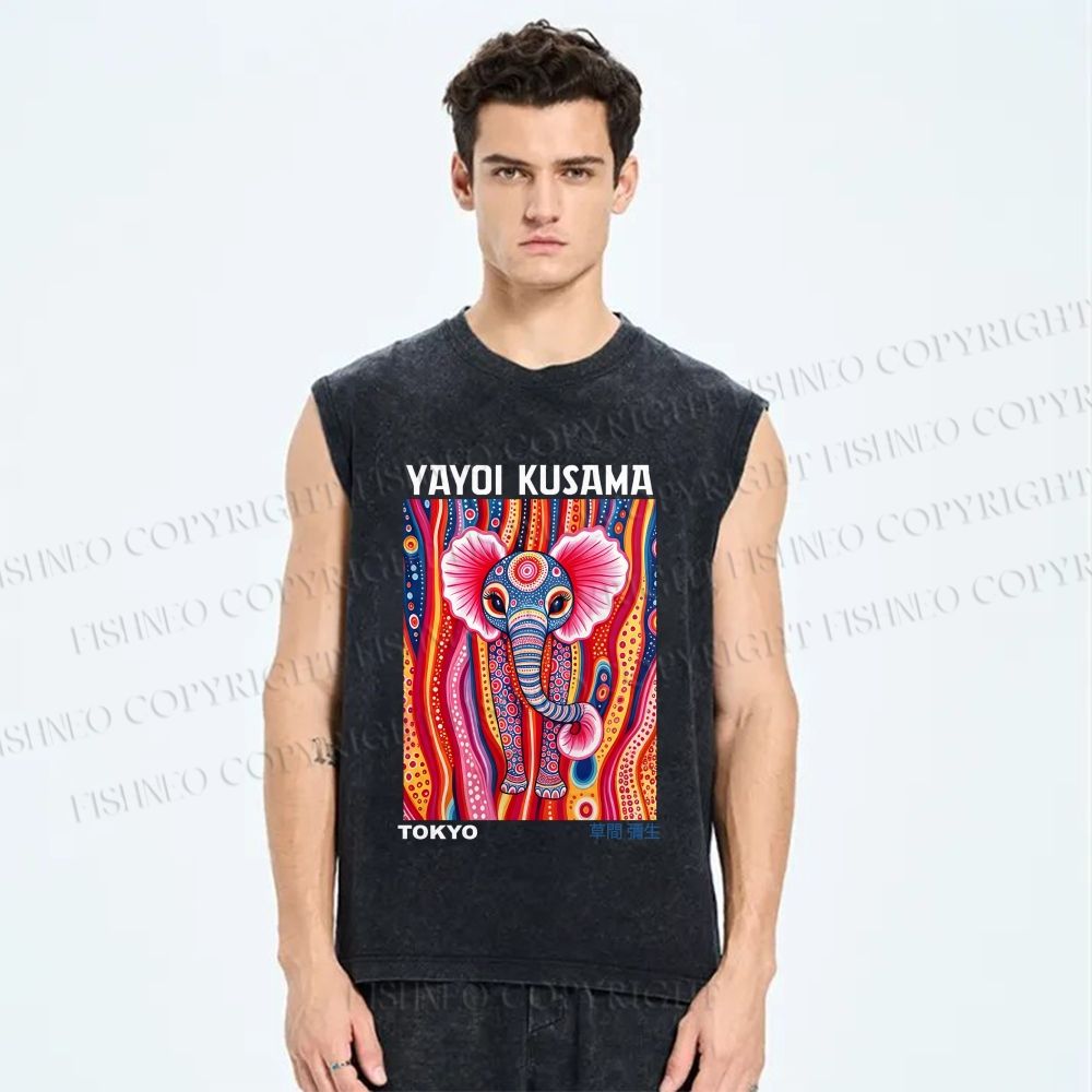 Unisex Yayoi Kusama Elaphant Printed Washed Tank Top