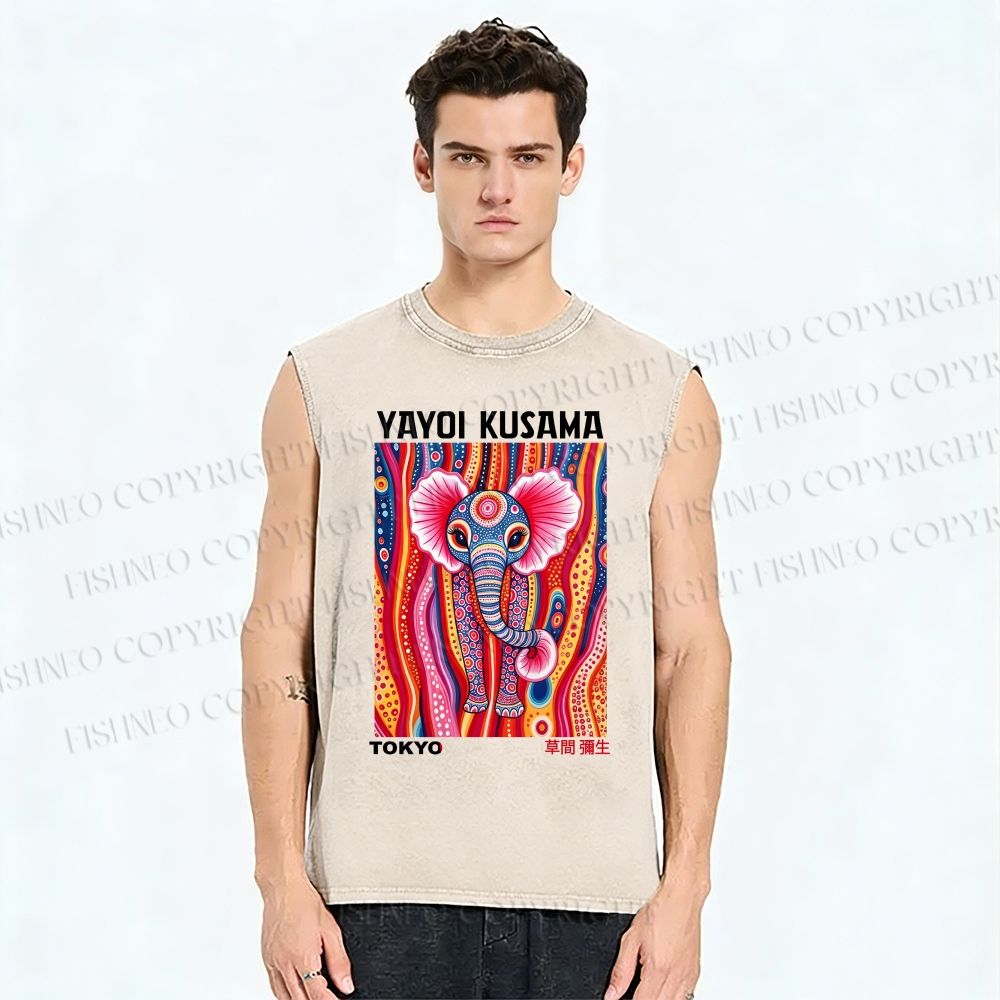 Unisex Yayoi Kusama Elaphant Printed Washed Tank Top