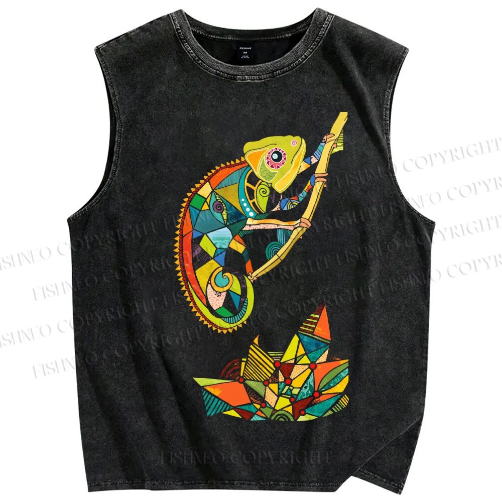 Unisex Multi-colored Lizard Printed Washed Tank Top