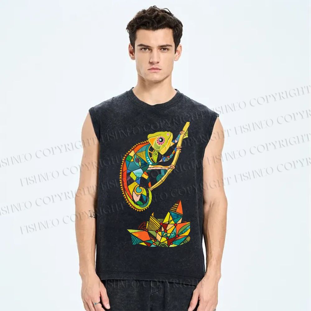 Unisex Multi-colored Lizard Printed Washed Tank Top