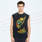 Unisex Multi-colored Lizard Printed Washed Tank Top