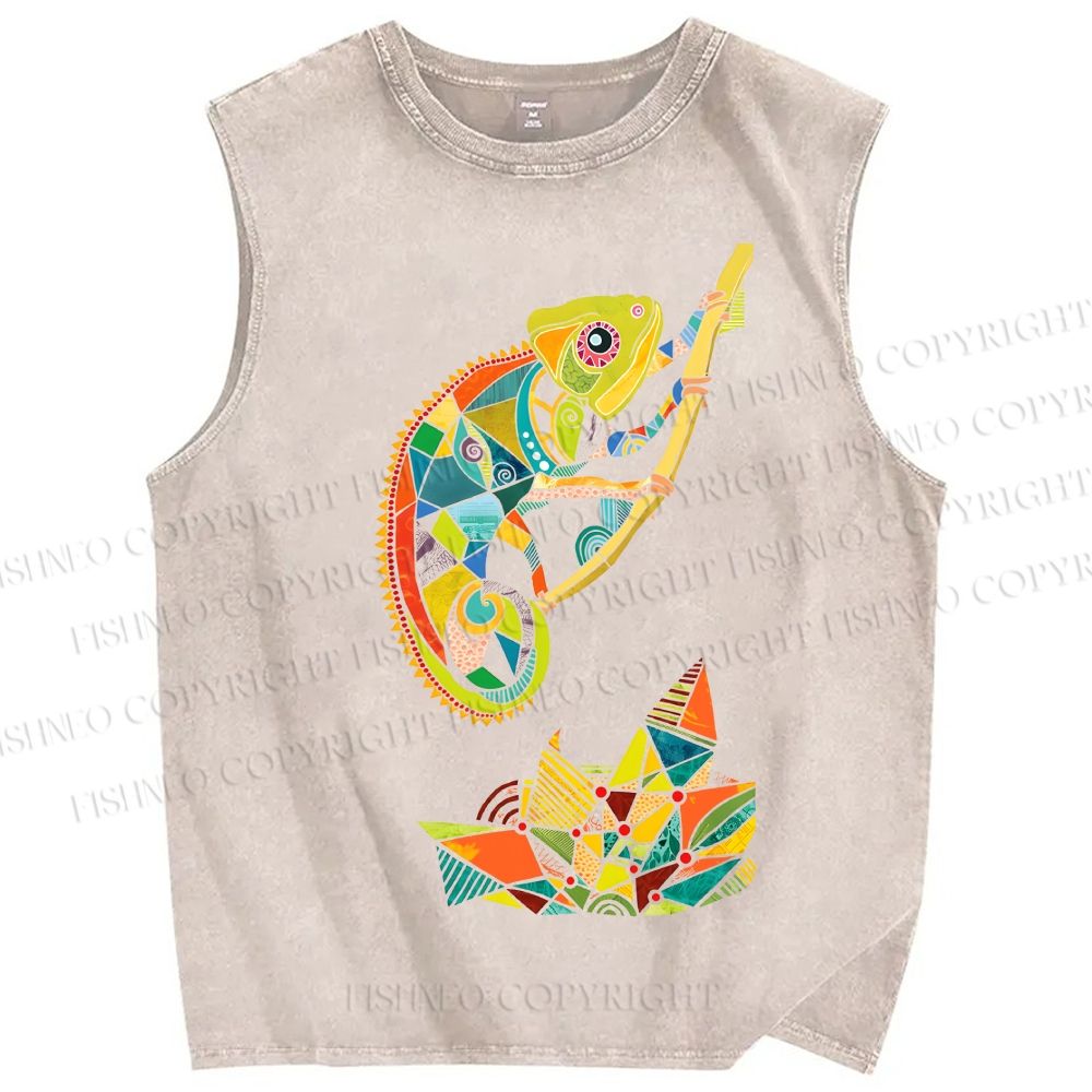 Unisex Multi-colored Lizard Printed Washed Tank Top