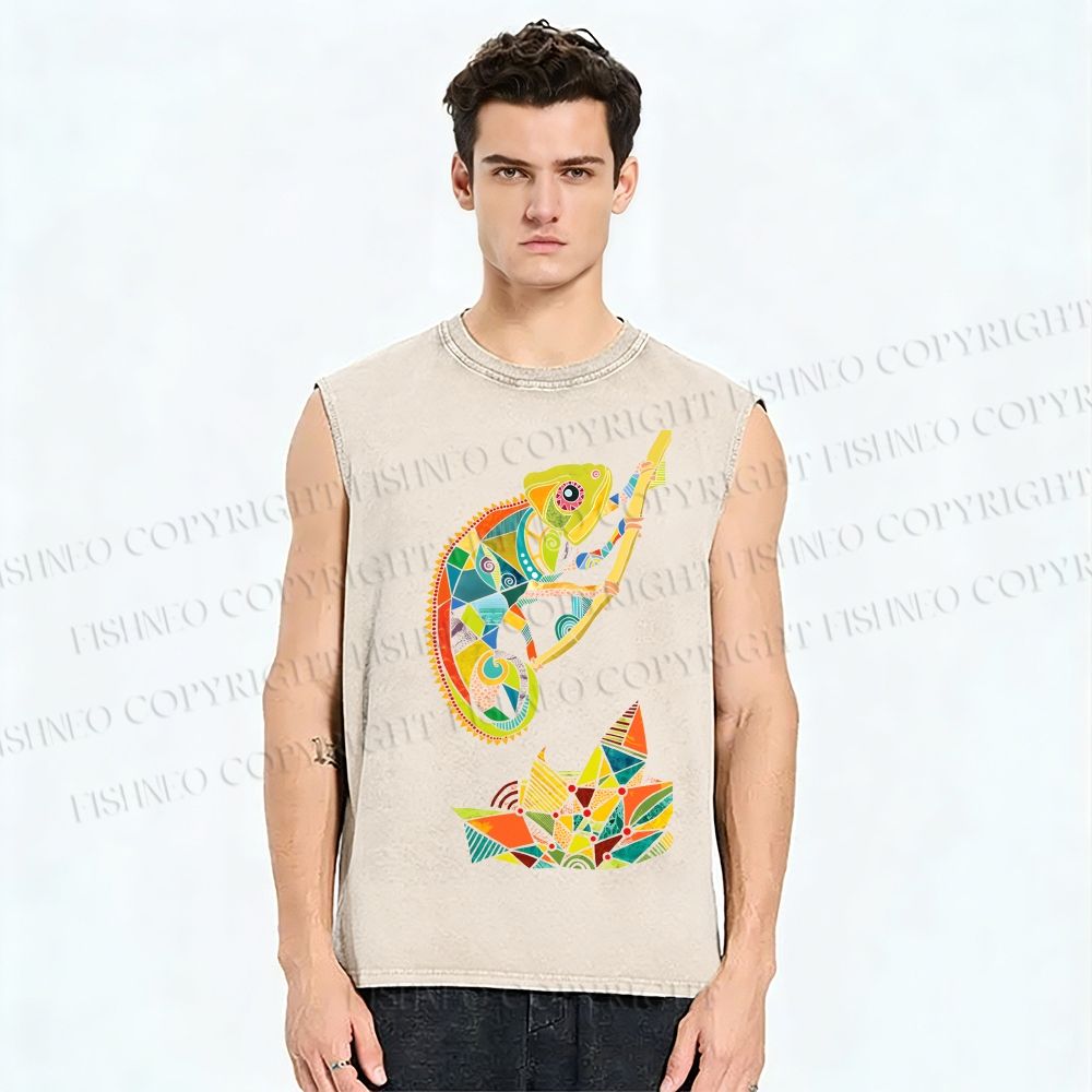 Unisex Multi-colored Lizard Printed Washed Tank Top