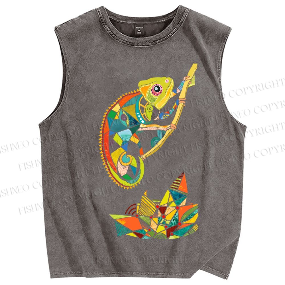 Unisex Multi-colored Lizard Printed Washed Tank Top