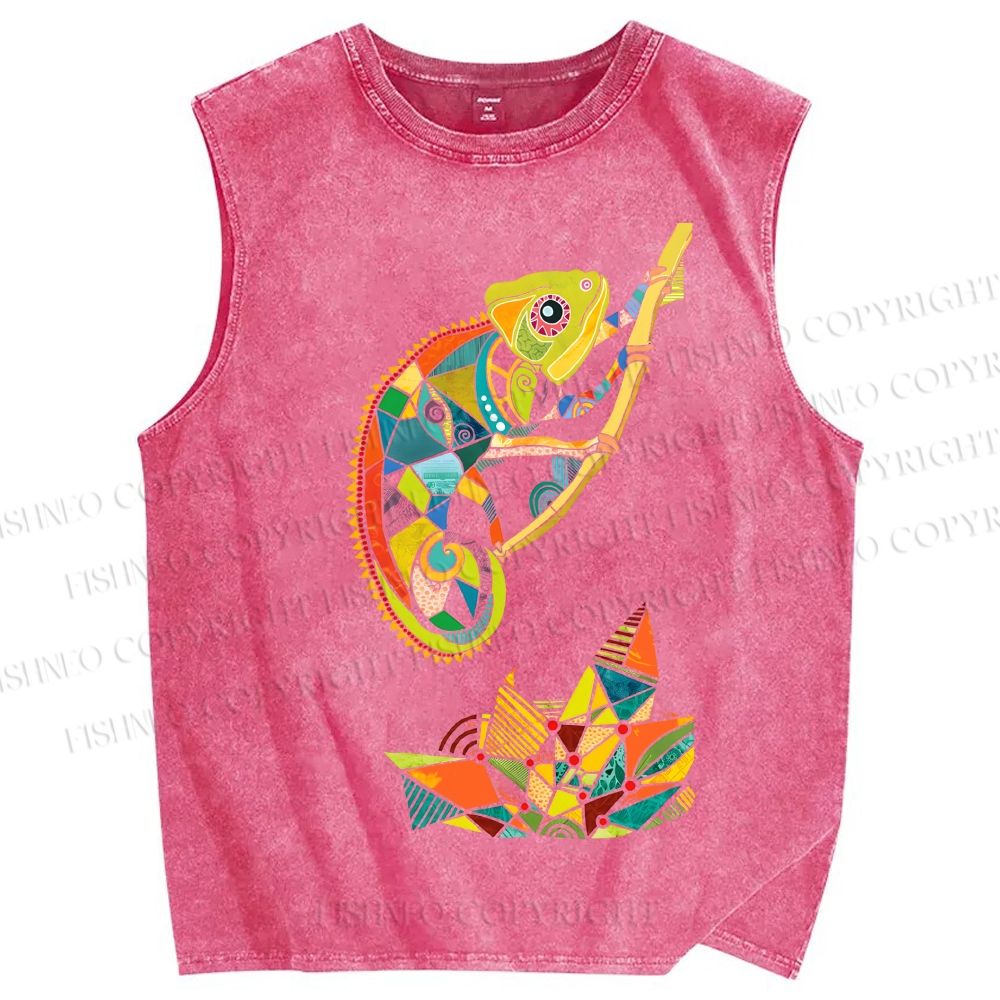Unisex Multi-colored Lizard Printed Washed Tank Top