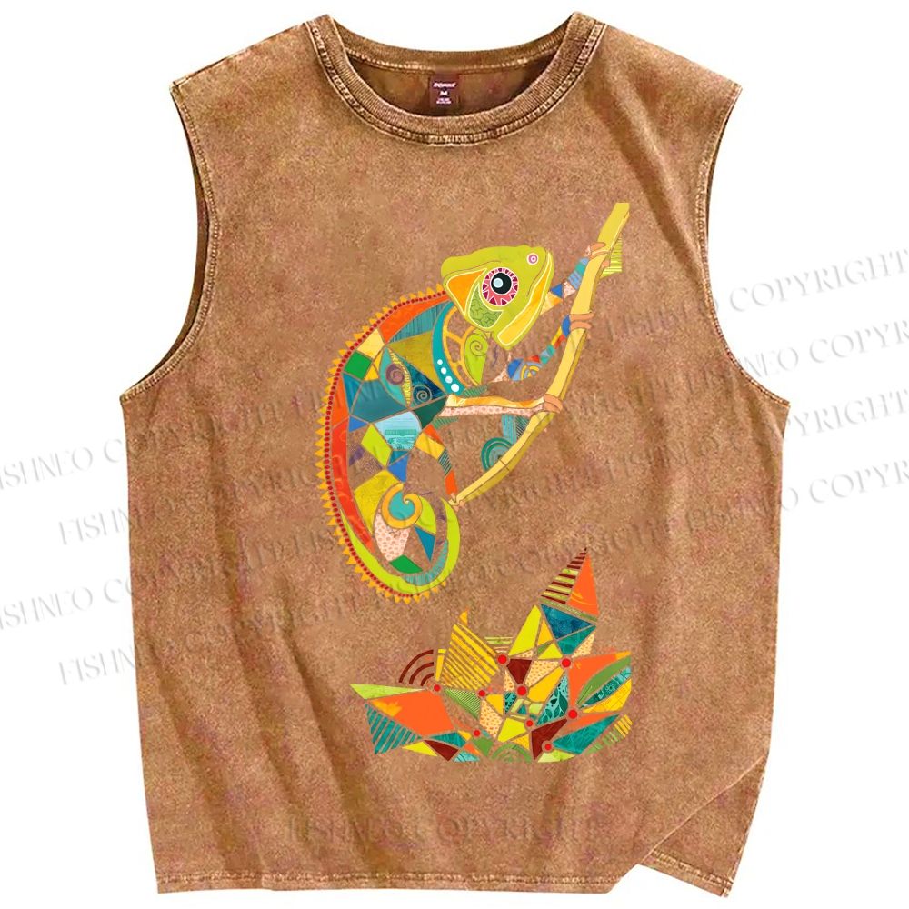 Unisex Multi-colored Lizard Printed Washed Tank Top