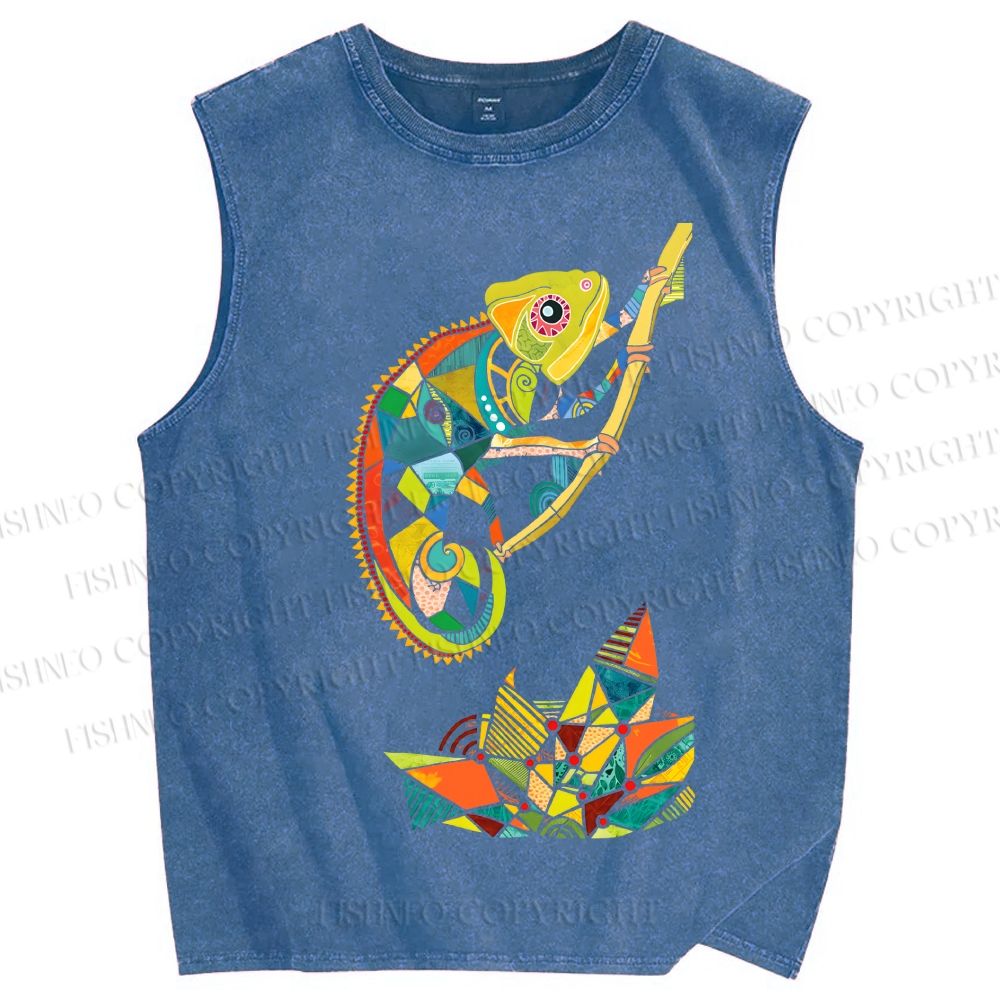 Unisex Multi-colored Lizard Printed Washed Tank Top