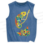 Unisex Multi-colored Lizard Printed Washed Tank Top